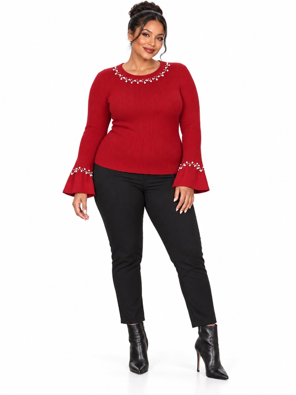 Red Ribbed Pearl Embellished Bell Sleeve Holiday Sweater Plus Size 22/24W.